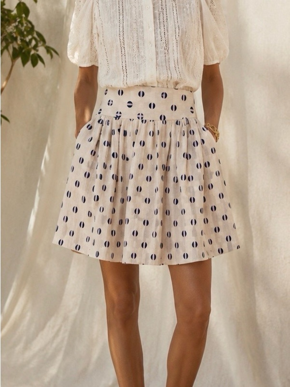 Suno High Waisted Yoke Silk Skirt Striped Dots Cream Navy $368  NWT
